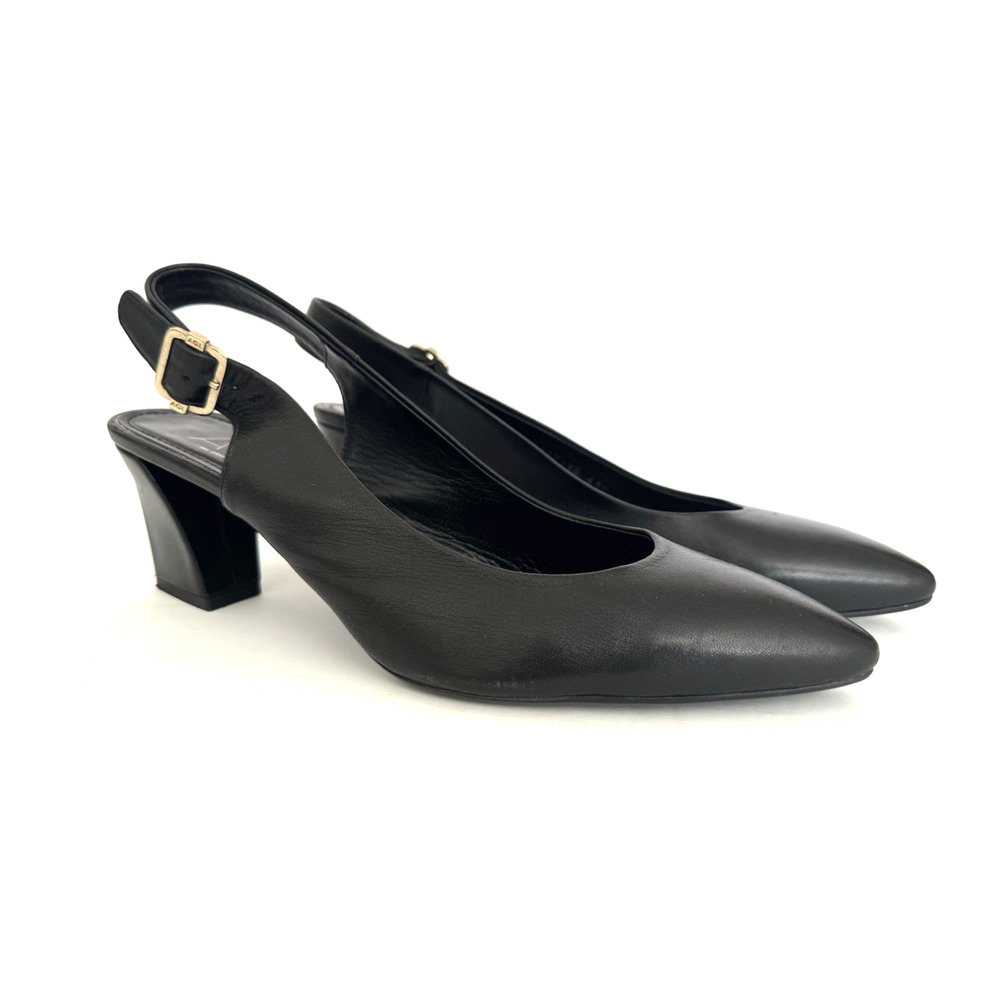 AGL Pointed-Toe Slingback Pumps 41.5 Italy Black Leather Block Heel Buckle Shoes
